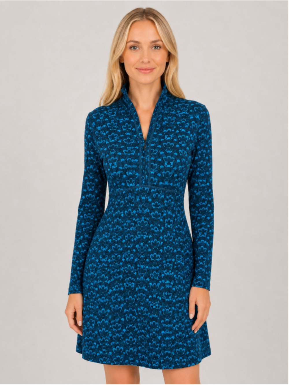 Title Nine Synergy Getaway Dress Womens XS Blue Print Mock Neck Long Sleeve - Picture 1 of 9
